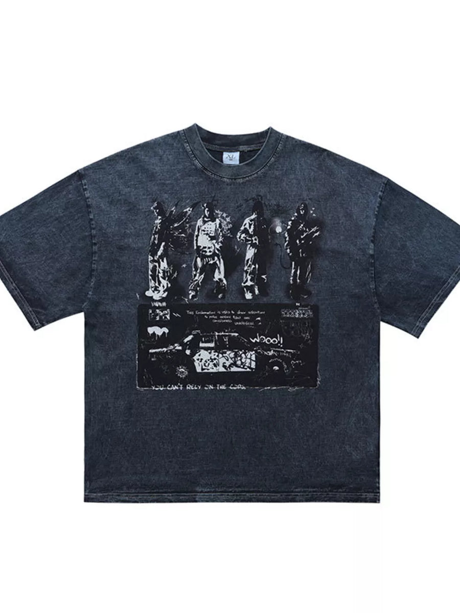 Dark gray distressed cotton crew neck t-shirt with vintage graphic print of figures and a car.