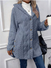Dusty blue hooded fleece trench coat with cable knit texture and button front.