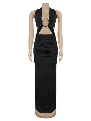 burgundy maxi dress with cutout and sleeveless