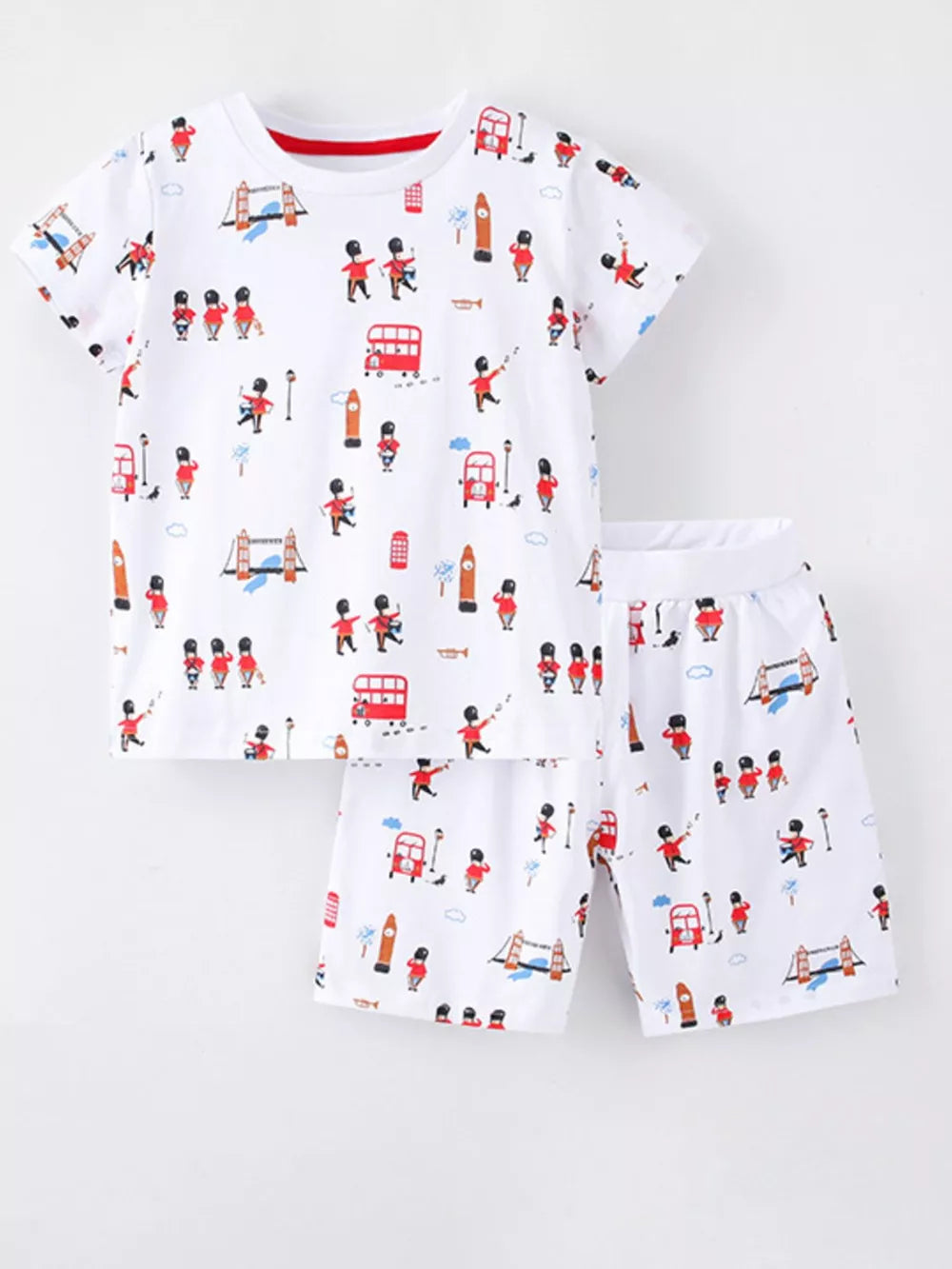Toddler underwear set with London icons, red trim, short sleeves, and shorts.