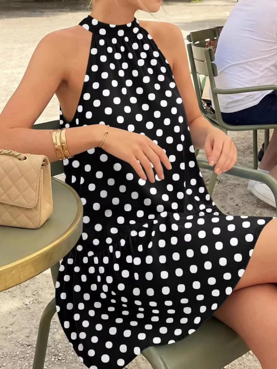 black mini dress with polka dot and halter