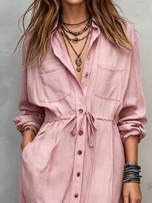 Full Size Button Front Long Sleeve Shirt Dress in Black