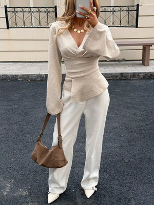 minimalist wrap top in Apricot with v-neck