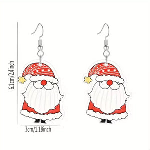 Red Santa Claus acrylic dangle earrings with white beards and hats.