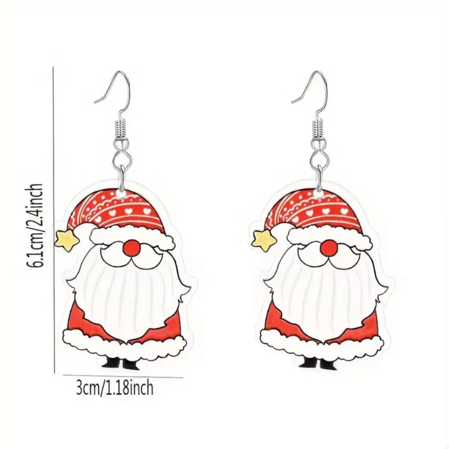 Red Santa Claus acrylic dangle earrings with white beards and hats.