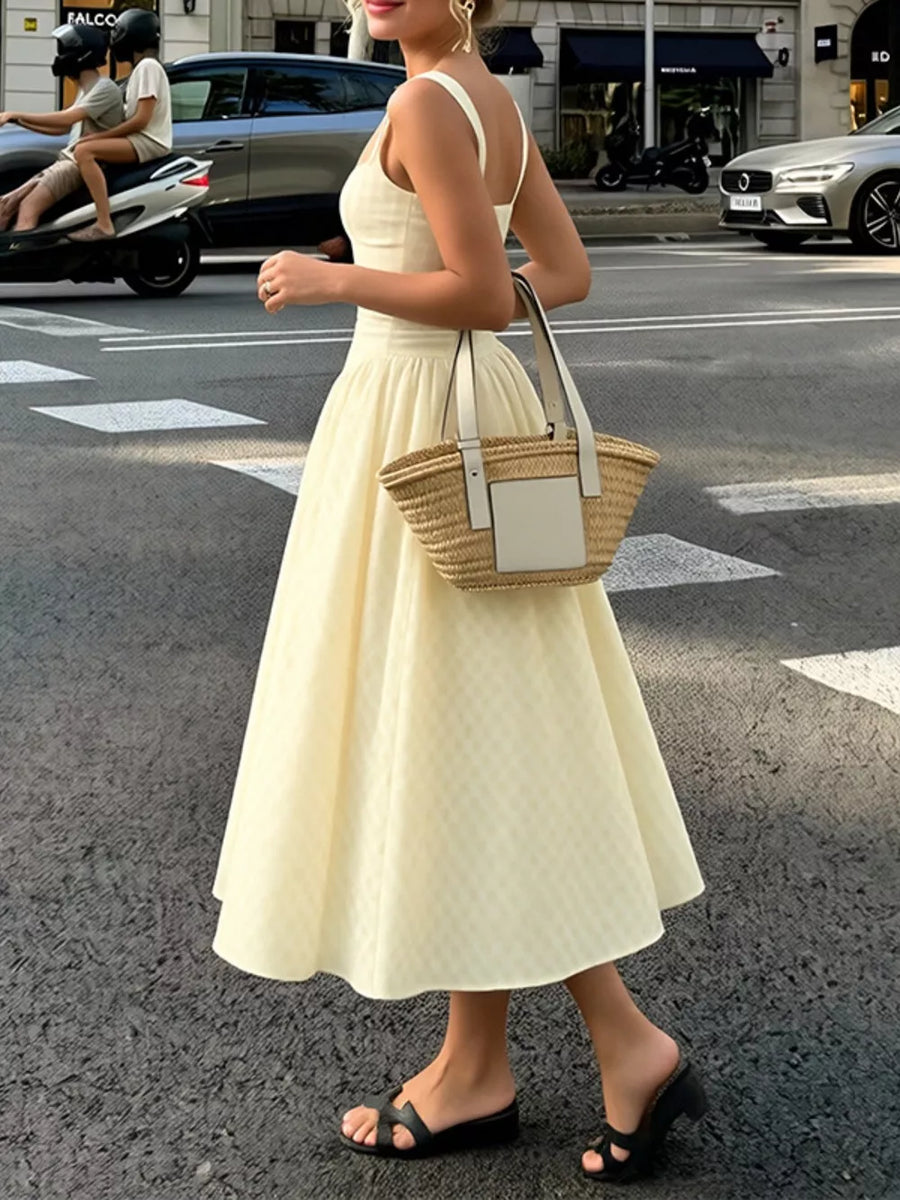 Plaid square neck midi dress in Pastel Yellow with a-line skirt and thin straps.