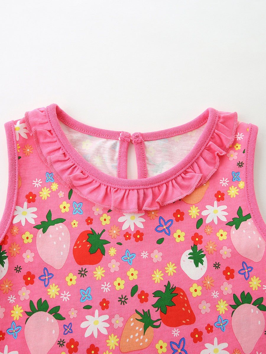 Pink cotton toddler dress with strawberry and flower print, ruffled neckline.