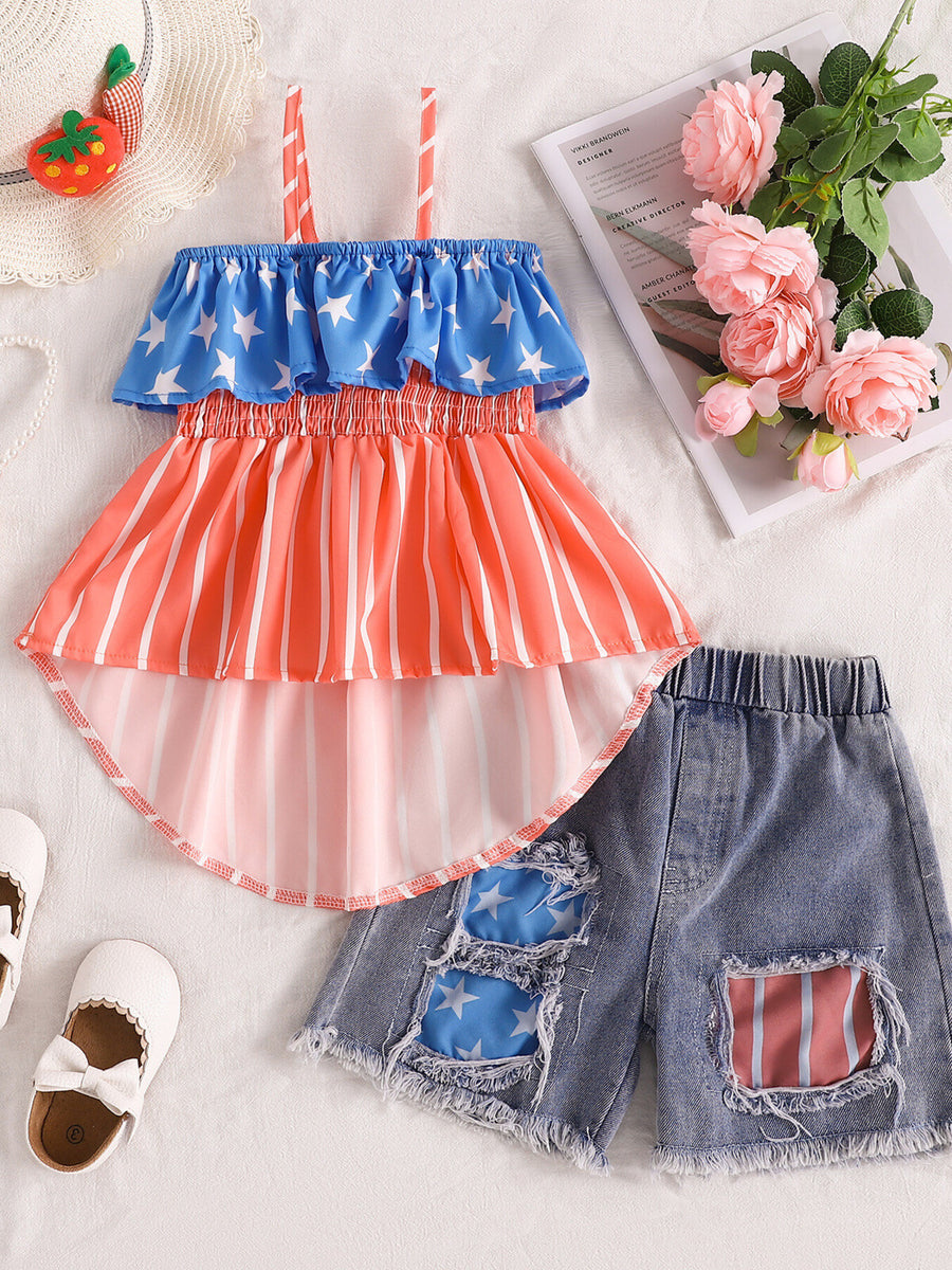 Toddler patriotic cami and shorts set with stars and stripes pattern, distressed denim shorts.