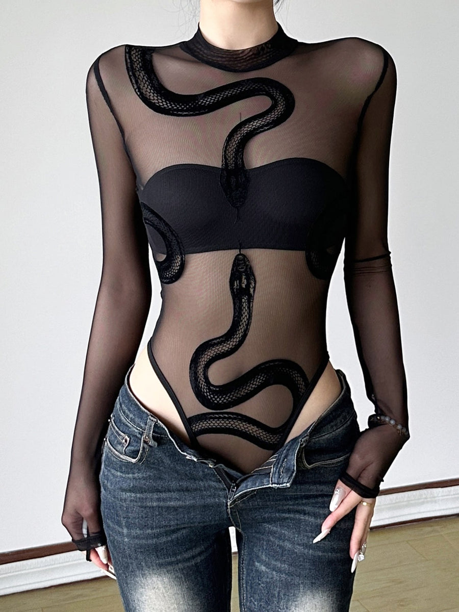 bodysuit in Black with snakeskin and sheer