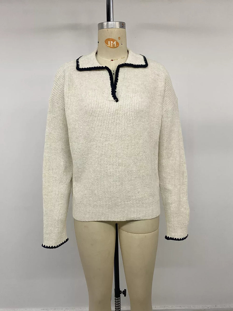 Knit Long-sleeve Sweater in cream with dropped shoulder