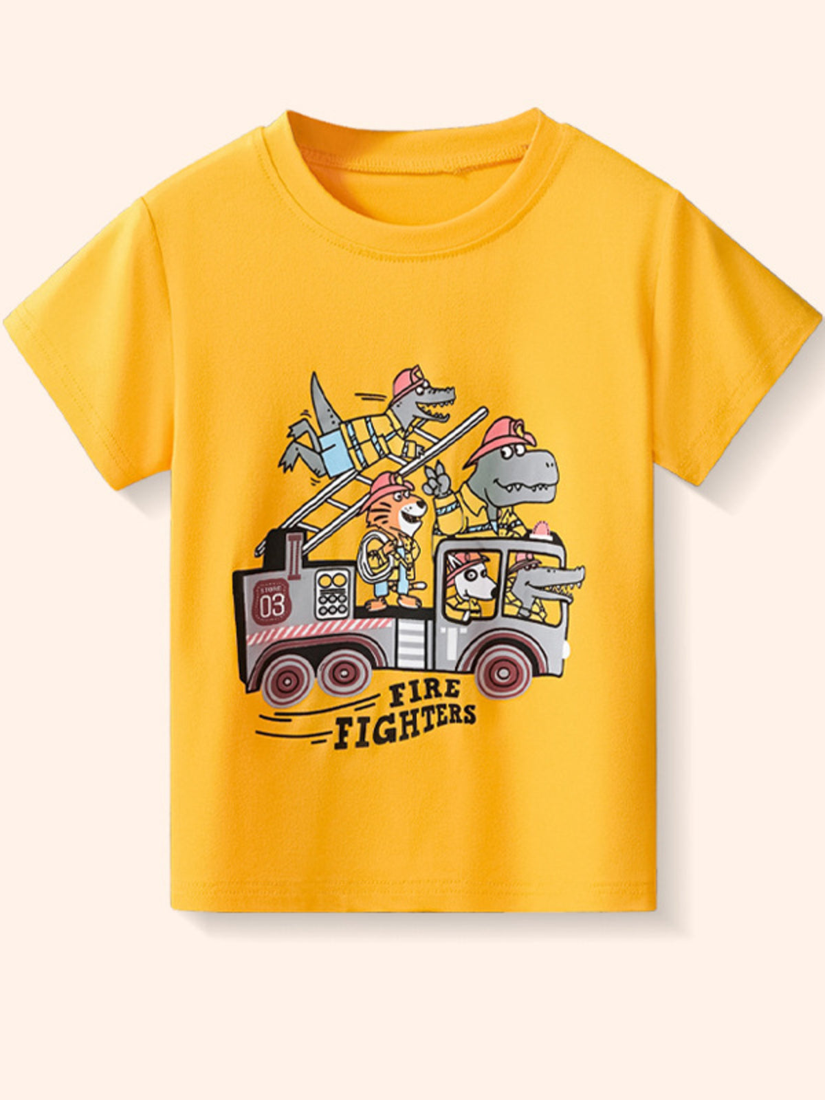 Yellow crew neck t-shirt with cartoon firefighters on a truck graphic.