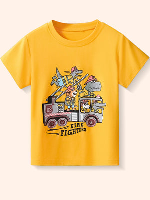 Yellow crew neck t-shirt with cartoon firefighters on a truck graphic.