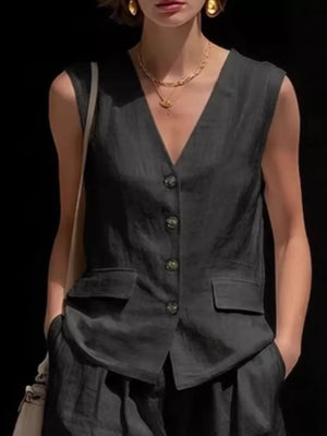 Khaki Full Size Sleeveless Vest And Shorts Set Plus Size
