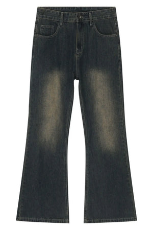 Faded dark wash denim flare jeans with a vintage look.