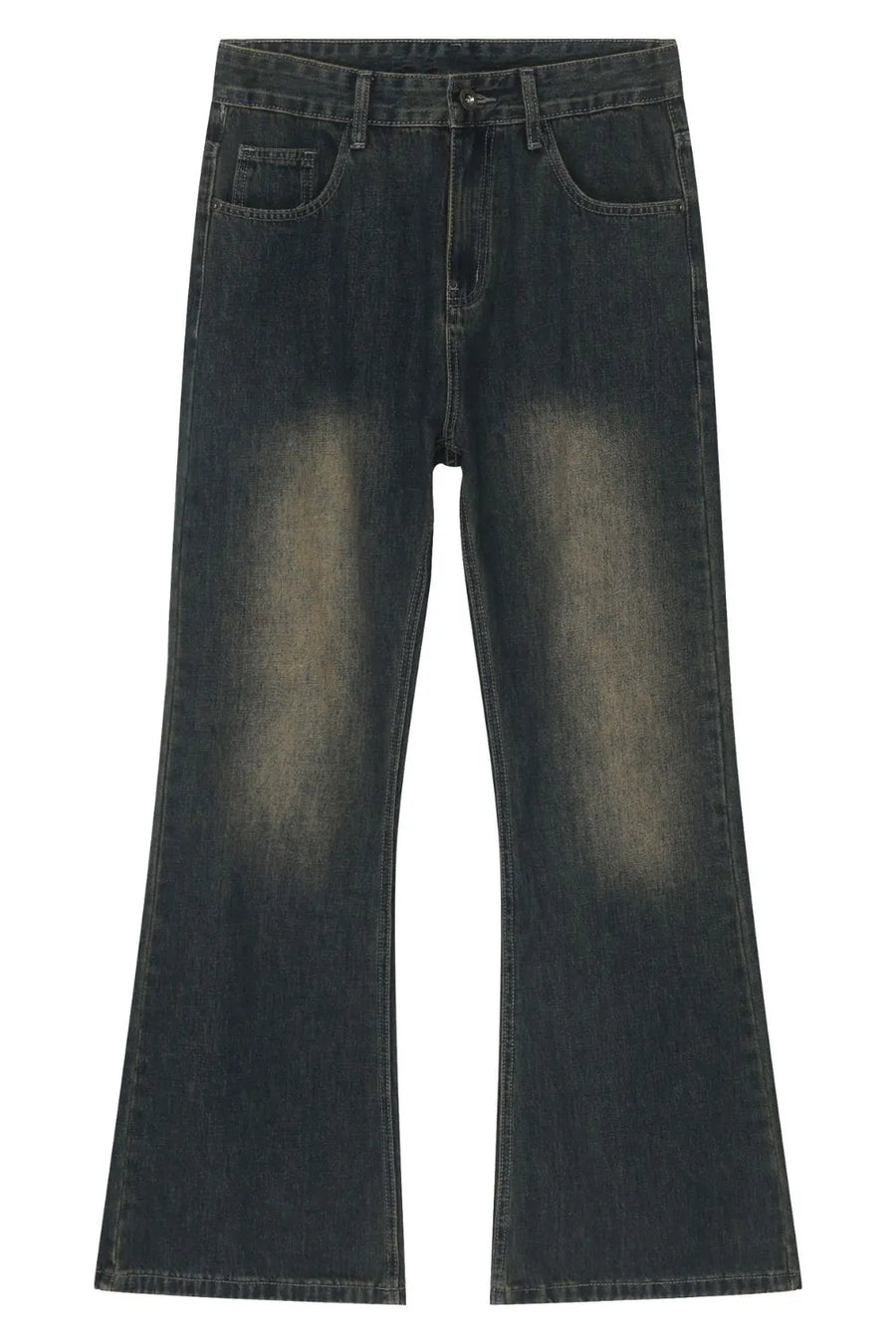 Faded dark wash denim flare jeans with a vintage look.