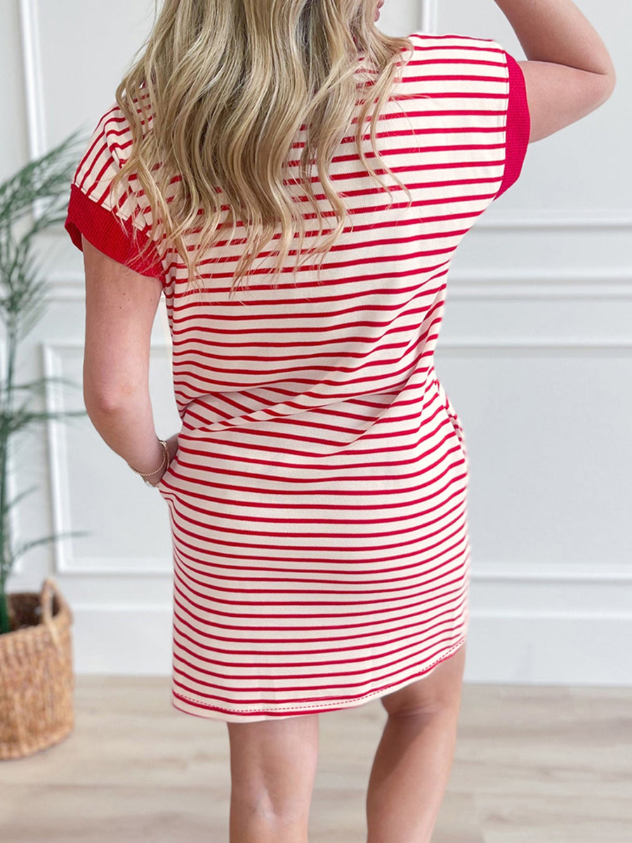 Red and cream striped cotton polo collar dress with pockets.