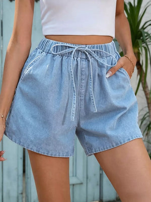 Drawstring High Waist Denim Shorts in Medium