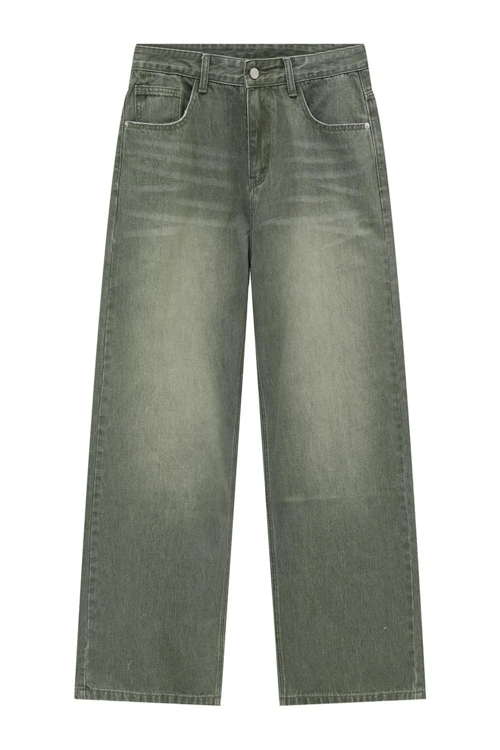 Faded olive relaxed wide leg denim jeans with a comfortable fit.