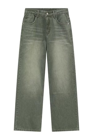 Faded olive relaxed wide leg denim jeans with a comfortable fit.