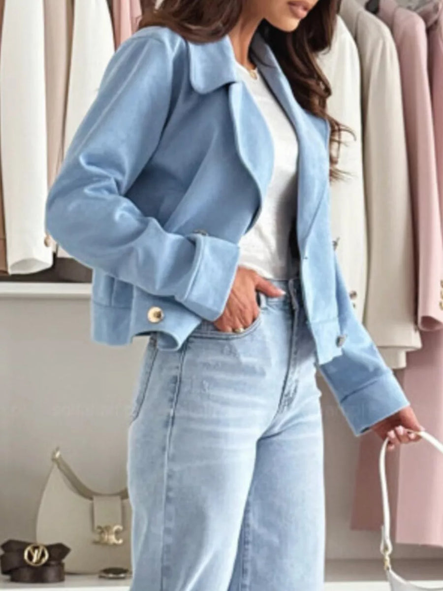 Dusty Pink with Chic Double-breasted Cropped Jacket