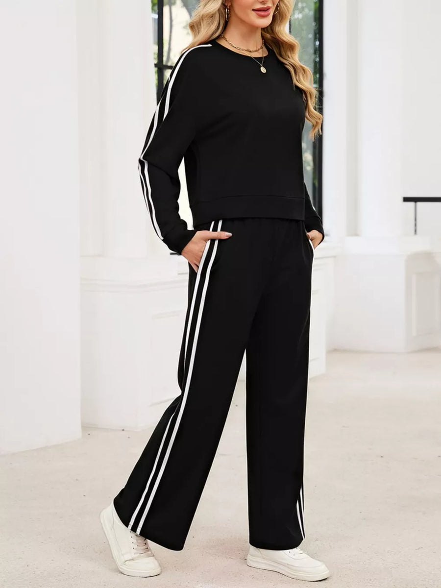 Blue Striped Round Neck Sweatshirt And Pants Set