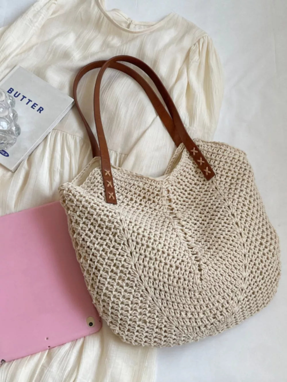 handbag featuring crochet in cream with Polyester Imported Size &amp texture