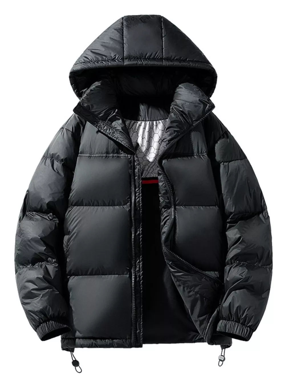 Black puffer jacket with contrast hood and zip-up closure.