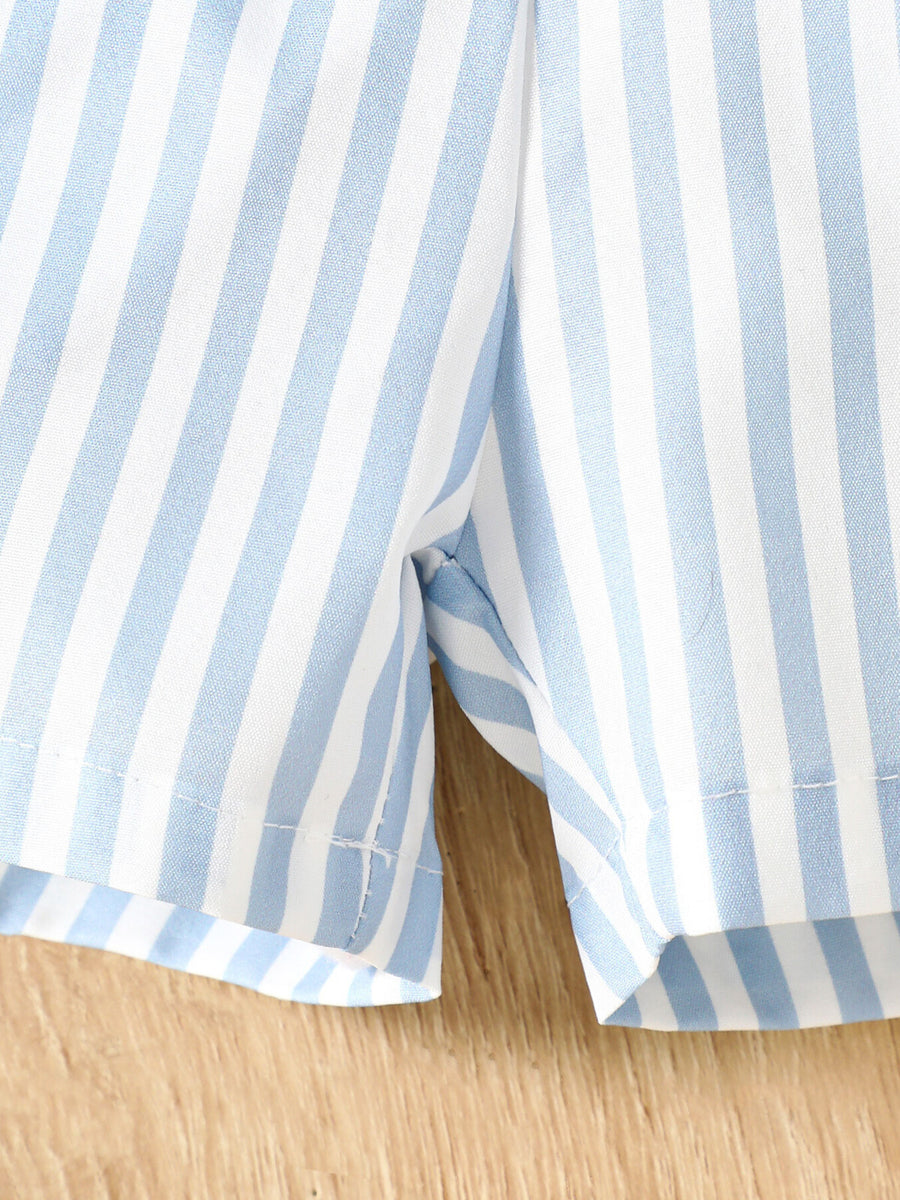 Pastel blue and white striped baby shorts with a cotton blend fabric.