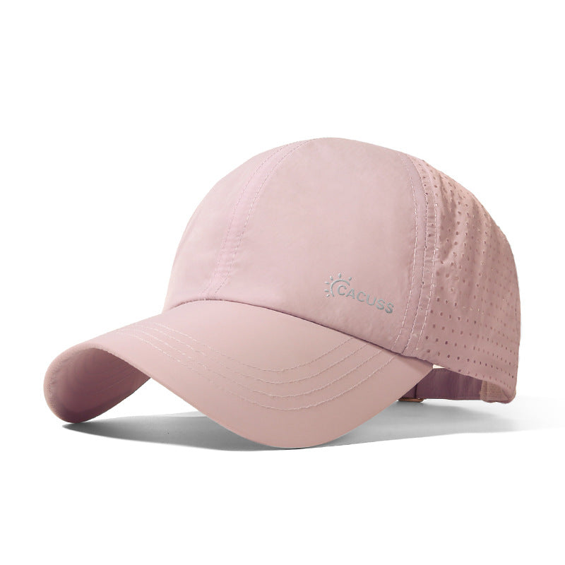Pink perforated breathable baseball cap with curved brim and logo detail.