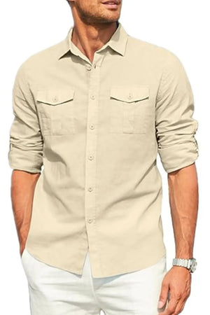 Beige linen utility shirt with two chest pockets and button-down collar.
