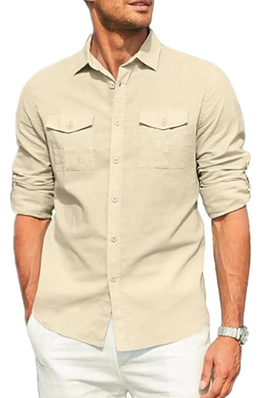 Beige linen utility shirt with two chest pockets and button-down collar.