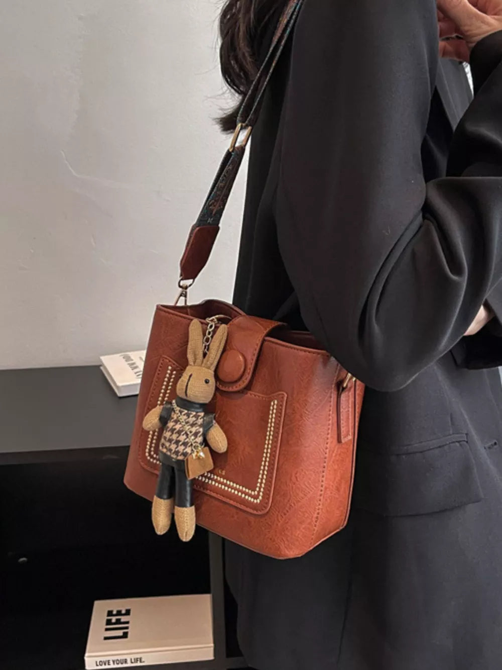 PU Leather Imported Size &amp crossbody bag in Black with boxy silhouette