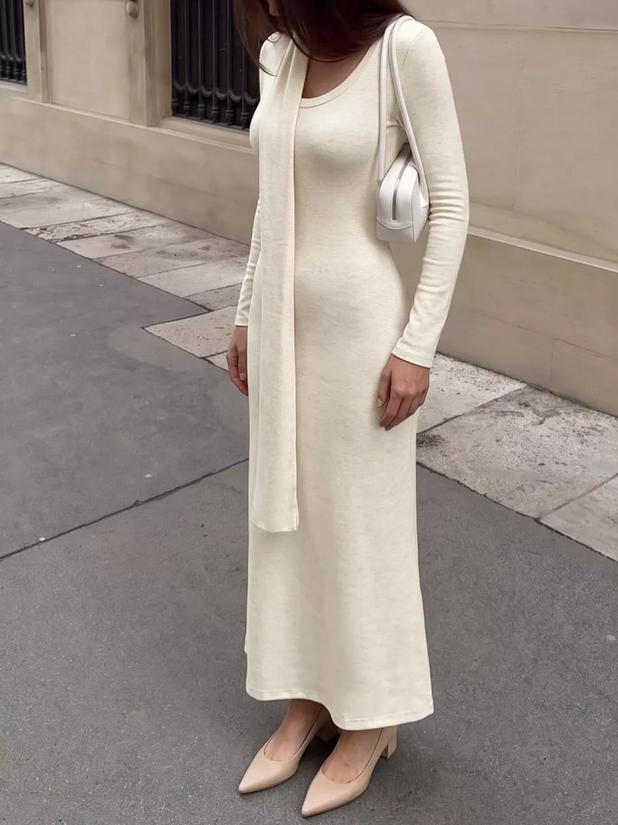 minimalist maxi dress in Apricot with round neck