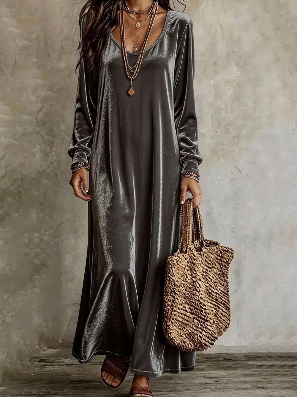 Purple Velvet Maxi Dress With Flowy Hem