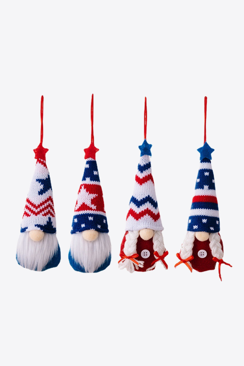 Patriotic knit gnome ornaments with stars and stripes, multicolor set of 4