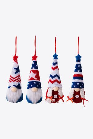 Patriotic knit gnome ornaments with stars and stripes, multicolor set of 4