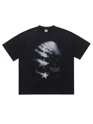Men's charcoal graphic t-shirt with round neck, short sleeves, and star print detail.