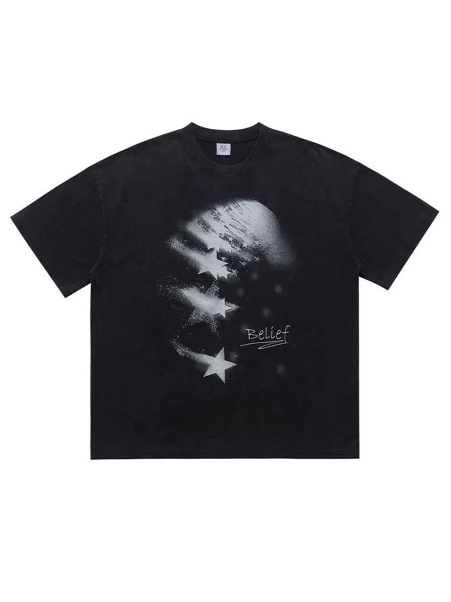 Men's charcoal graphic t-shirt with round neck, short sleeves, and star print detail.