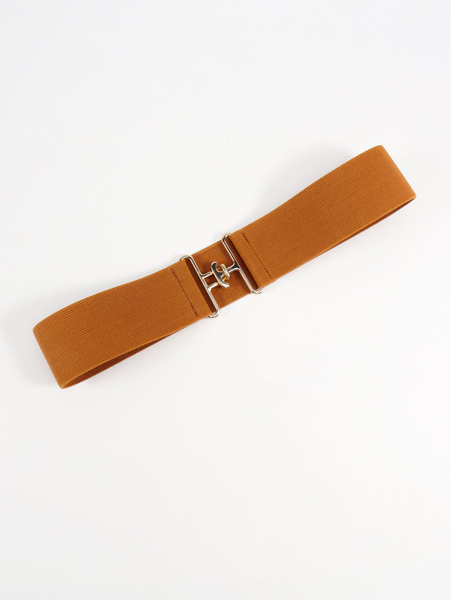 Caramel elastic belt with sculpted silver buckle