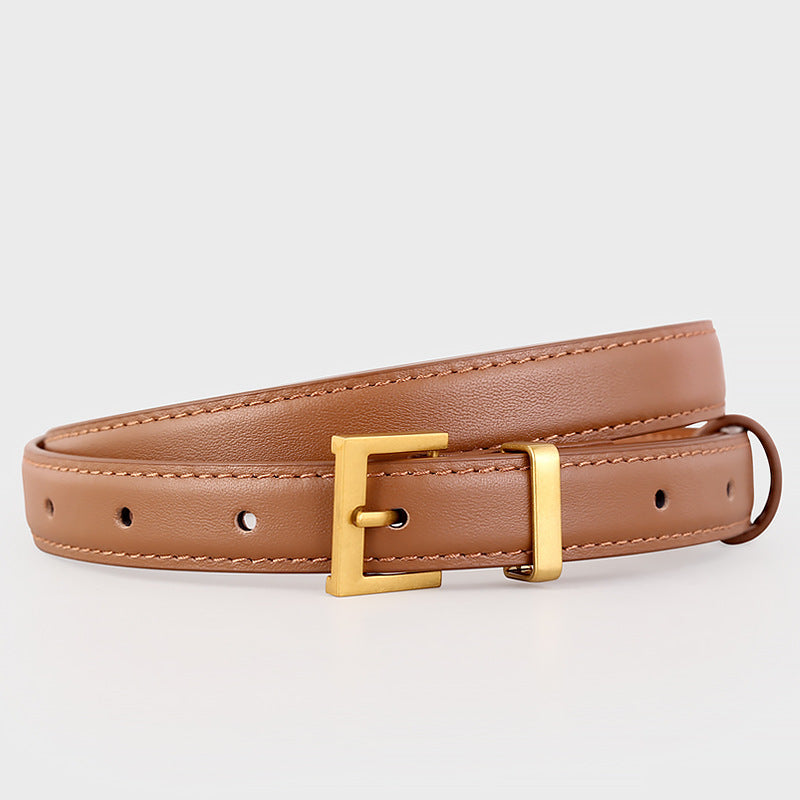 Brown leather skinny belt with adjustable golden buckle and stitching detail.