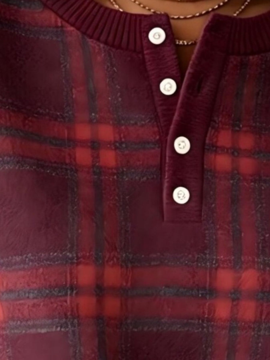 sweatshirt featuring plaid in Burgundy with 100% polyester Care instructions: Machine wash cold texture
