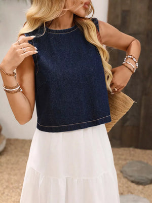 Dark with Round Neck Sleeveless Denim Top