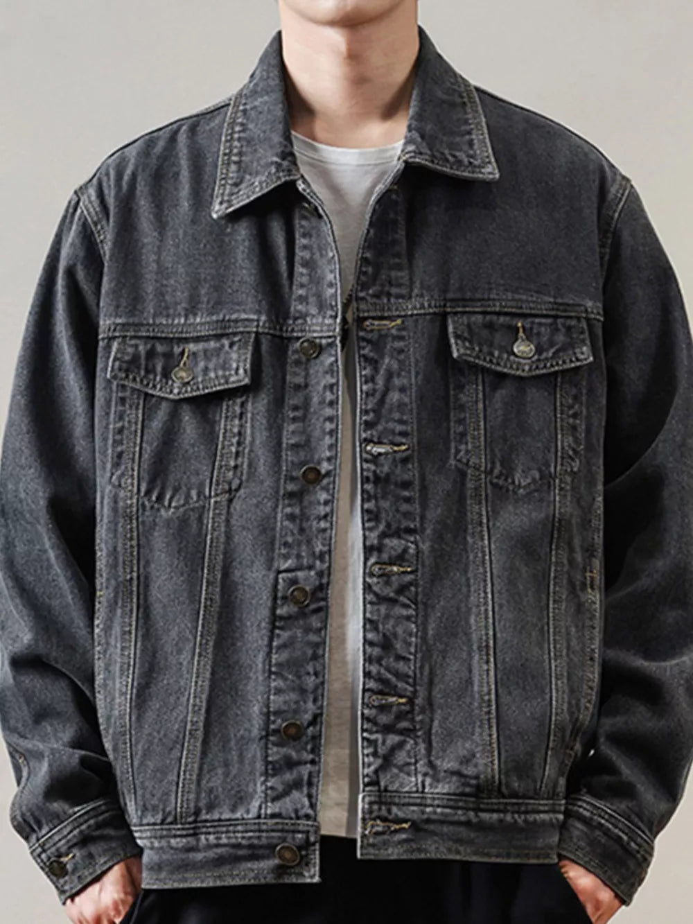 Dark Gray Men's Classic Washed Denim Jacket Plus Size