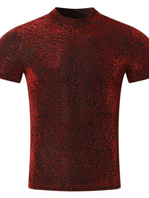 Textured velvet mock neck tee in burgundy with a subtle shimmer.