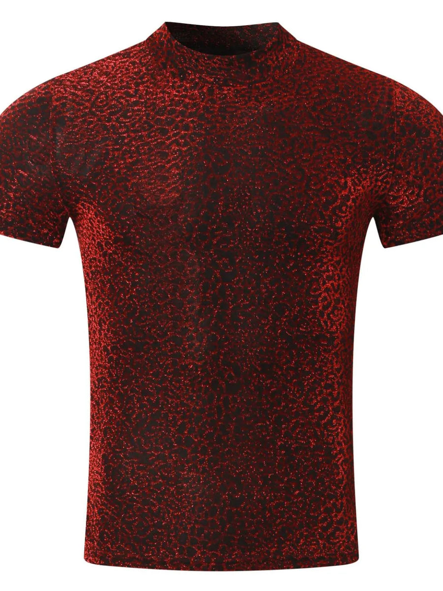 Textured velvet mock neck tee in burgundy with a subtle shimmer.