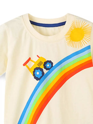 Cream cotton blend toddler t-shirt with yellow tractor on rainbow graphic and sun.