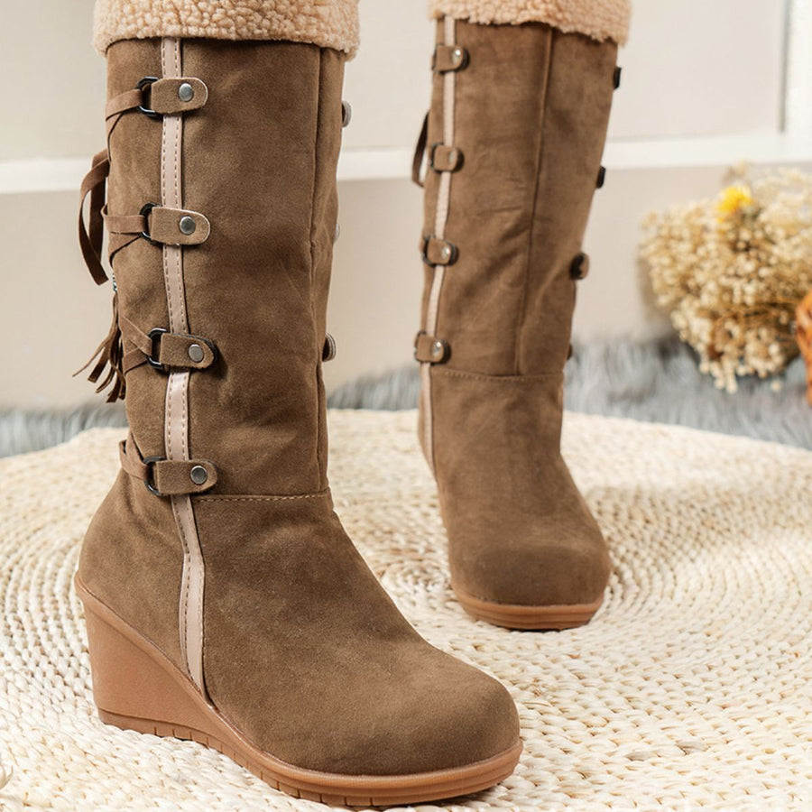 Faux Fur Lined Suede Wedge Boots in taupe with faux fur lined