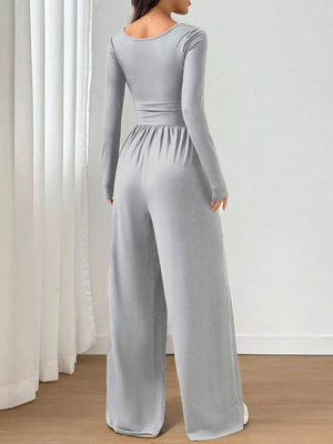 Ruched Square Neck Wide-leg Jumpsuit in Light Purple