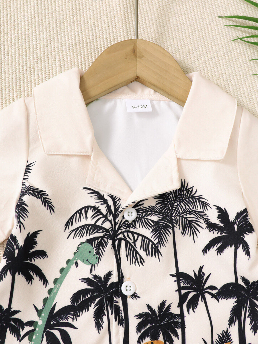 Baby boys' set with short-sleeve shirt featuring a dinosaur and palm tree print.