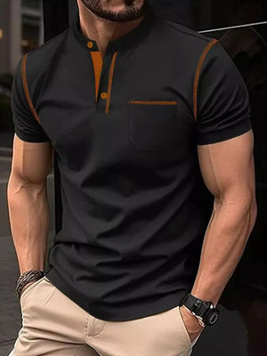 Black polo shirt with mandarin collar, contrast orange stitching, and chest pocket.